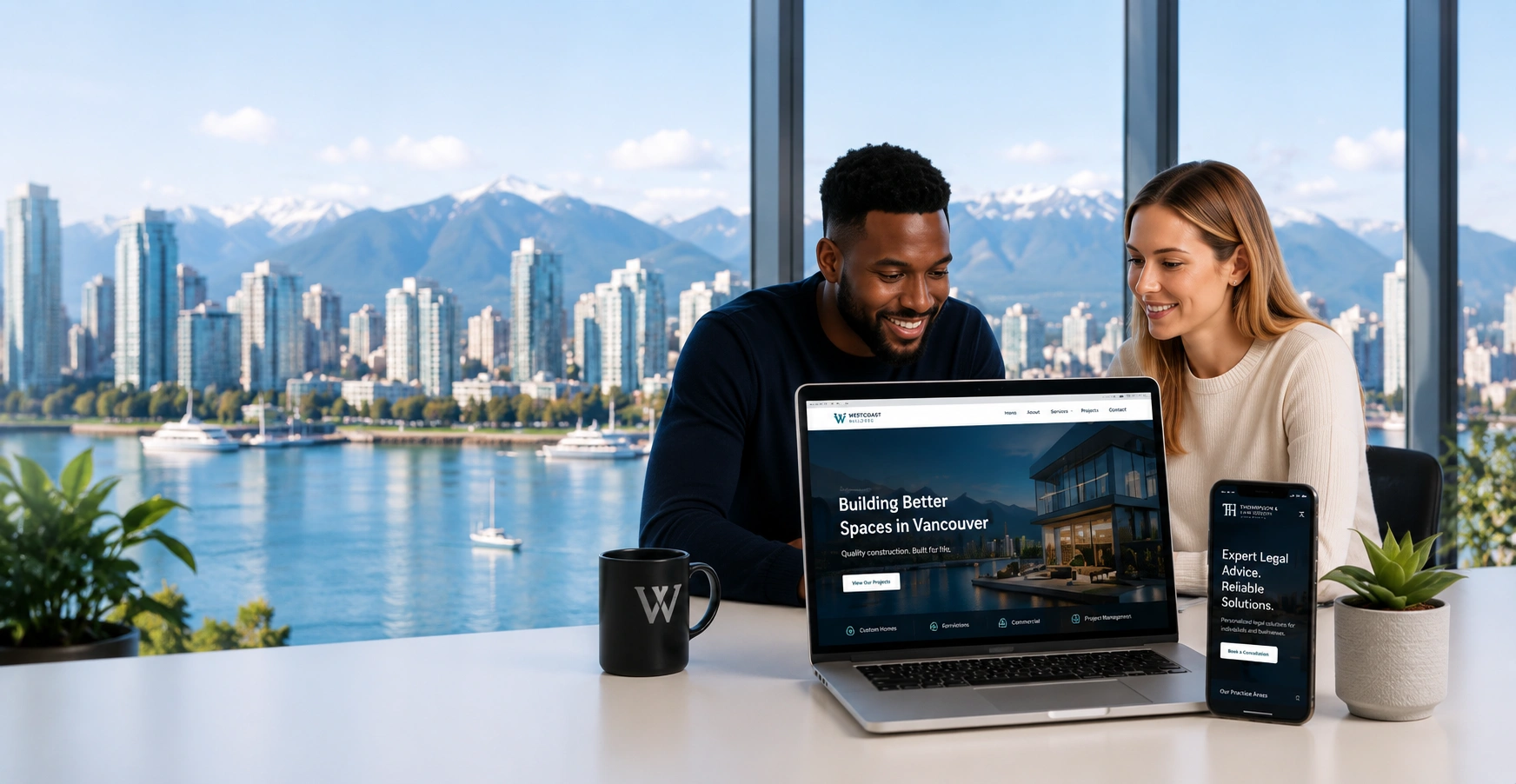 Vancouver web design team reviewing a client website with the Vancouver skyline and mountains in the background